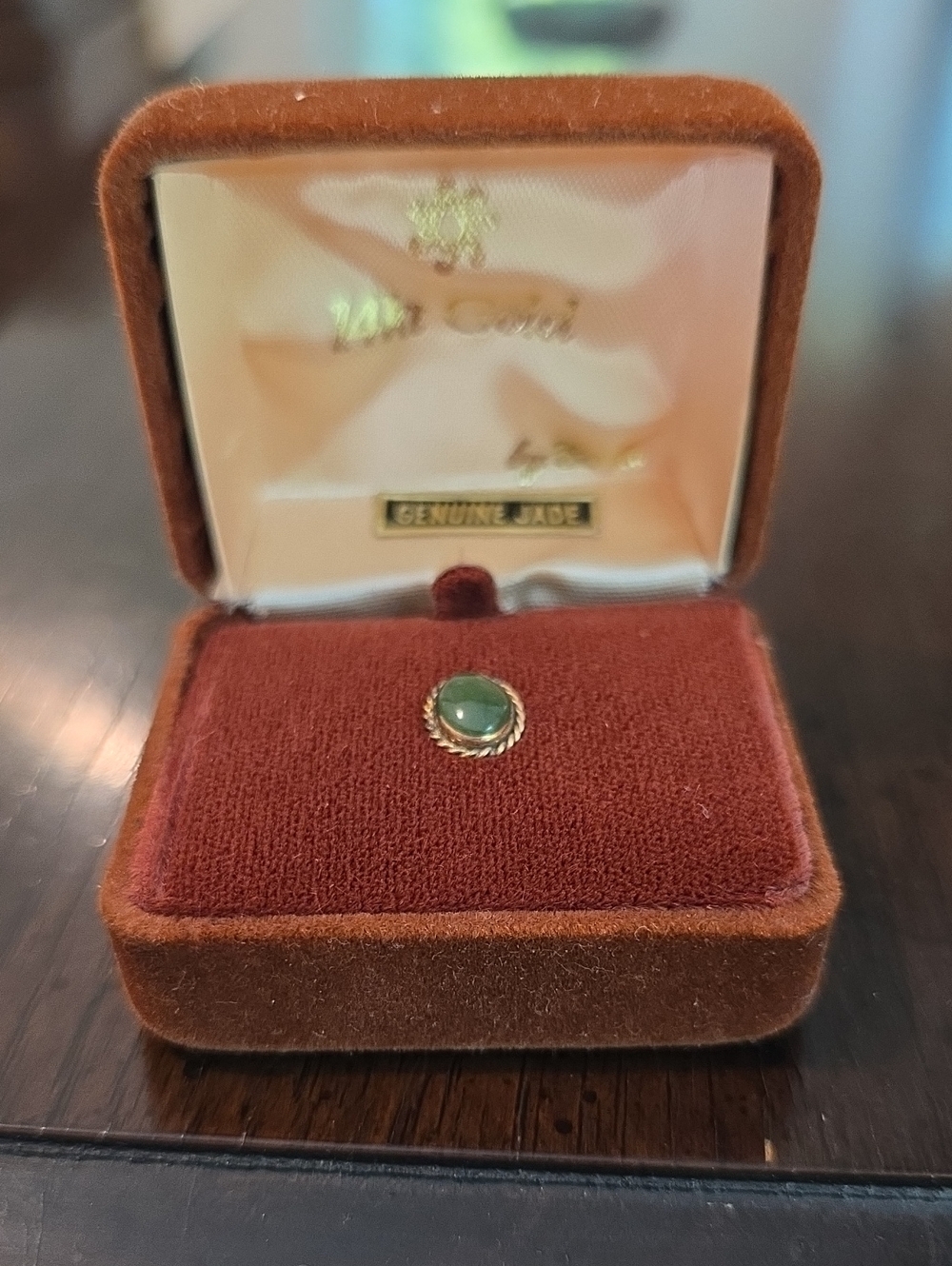 Vintage Carla 14K Yellow Gold Genuine Green Jade  Cabochon